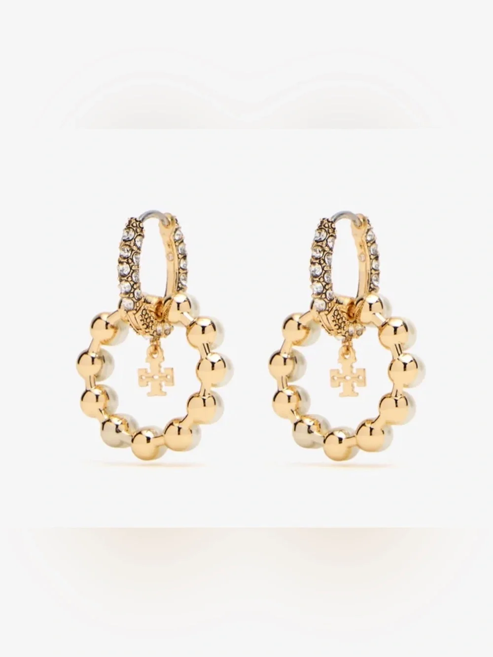 NWT Tory Burch Moondance Pearl Hoop Earrings Gold Crystal Pavé Double T Charm